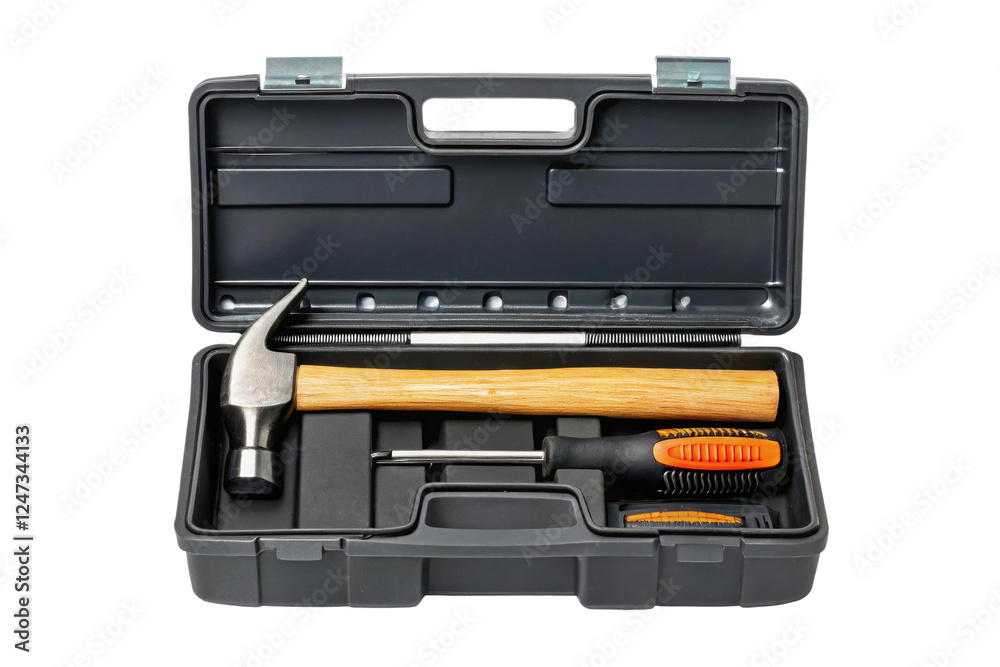 Essential tools in a compact toolbox, cut out Essential tools in a compact toolbox, cut out