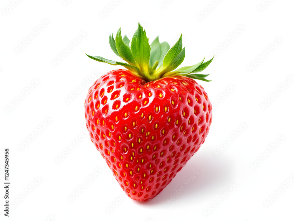 A bright red strawberry with green leaves on a white background. A bright red strawberry with green leaves on a white background.