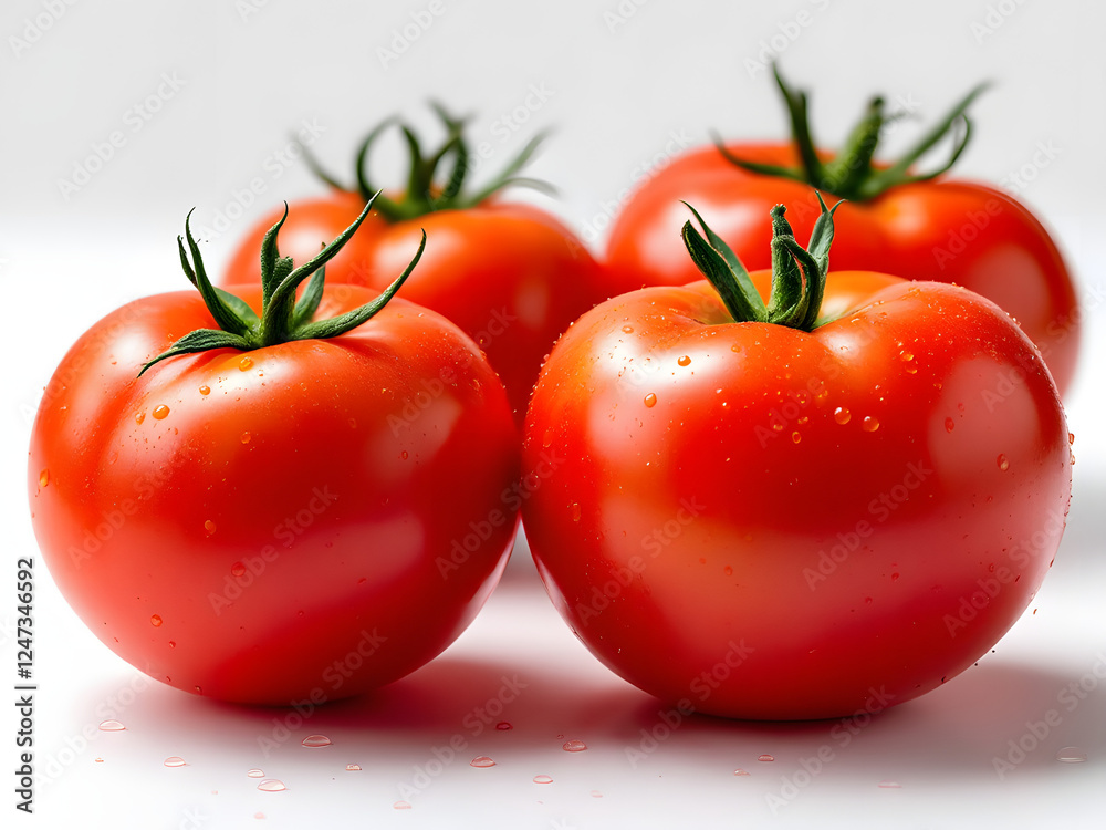 Four ripe, red tomatoes on a clean white background, showcasing their freshness and vibrant color. Four ripe, red tomatoes on a clean white background, showcasing their freshness and vibrant color.