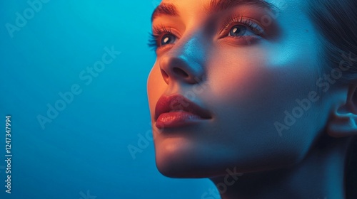 This stunning portrait displays a young individual with captivating features illuminated by dramatic orange and blue lighting, emphasizing beauty and character in artful composition. photo