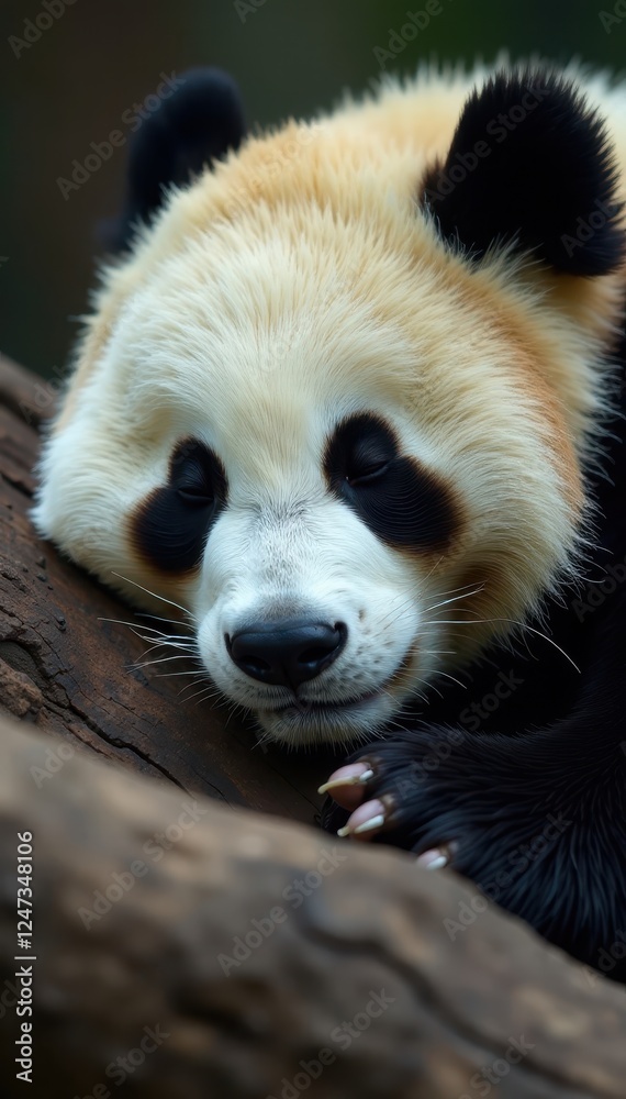 Fototapeta premium Close-up of a sleeping giant panda's face, showing soft fur and relaxed expression , bamboo, face, conservation