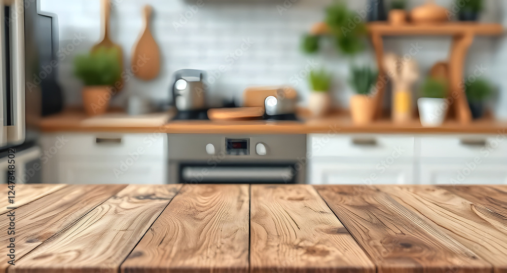 Wood table top on blurred kitchen background. can be used mock up for montage products display or design layout Wood table top on blurred kitchen background. can be used mock up for montage products display or design layout