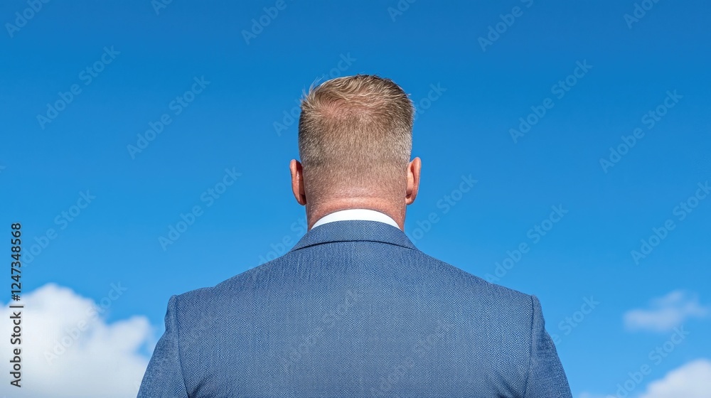 Man in suit, outdoors, clear sky, contemplates future, business concept Man in suit, outdoors, clear sky, contemplates future, business concept