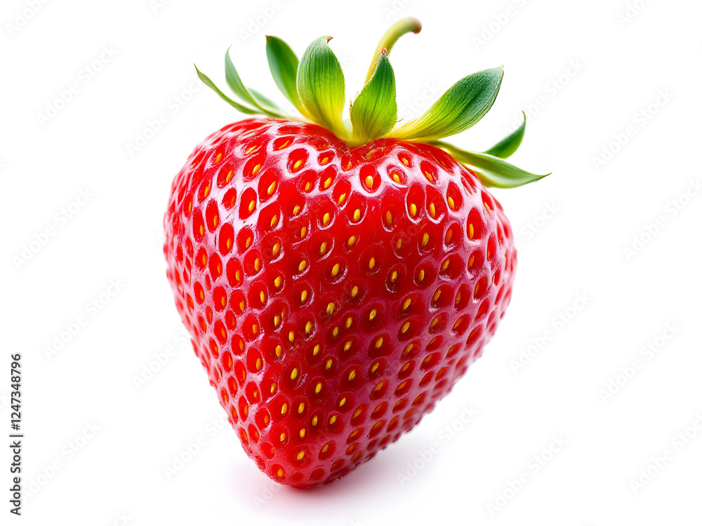 A bright red strawberry with green leaves on a white background. A bright red strawberry with green leaves on a white background.