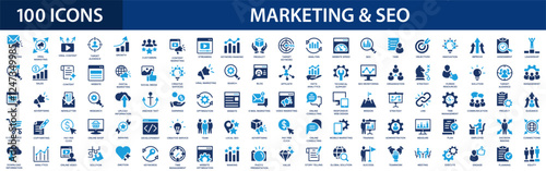 Marketing and SEO icon set. Search engine optimization, traffic, website, social media, content, ranking, online advertising, optimization.
