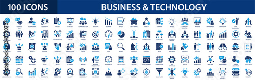 Business and technology icon set. Organization management seo, data analysis, marketing, cloud technology.