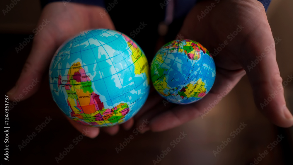 Holding two colorful globes in hands