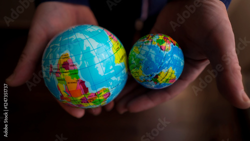 Obraz na płótnie Holding two colorful globes in hands w salonie