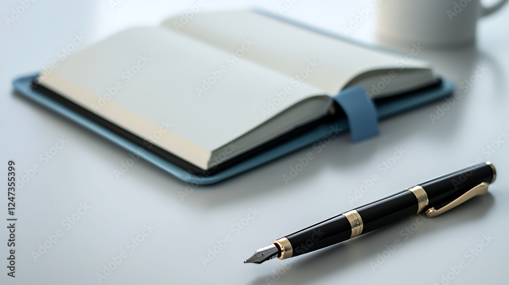 A pen sits on a table next to an open book. generated using AI A pen sits on a table next to an open book. generated using AI
