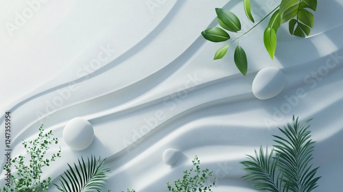 A beautifully crafted abstract image featuring a white surface complemented by lush green leaves, symbolizing growth, harmony, and the connection of nature with art. photo