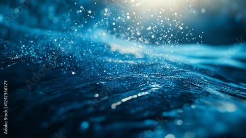 A close-up view of dynamic ocean waves, capturing sparkling water droplets in mid-motion, illustrating the exhilarating power and beauty of the sea. photo