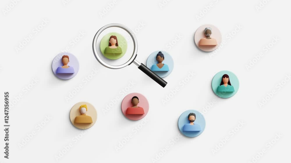 Human Resources concept. HR management, headhunting, job applicants, employee sourcing, applicant selection process. 3D magnifying glass searching for the ideal candidate. 4K 3D animation