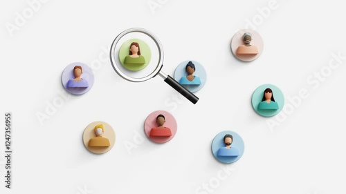 Human Resources concept. HR management, headhunting, job applicants, employee sourcing, applicant selection process. 3D magnifying glass searching for the ideal candidate. 4K 3D animation