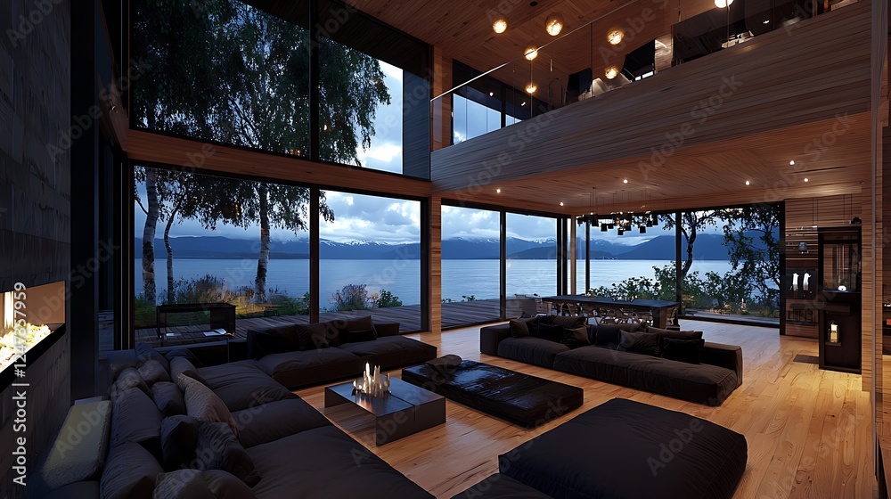 Fototapeta premium Modern glass-walled living room overlooking serene lake at twilight with cozy seating area