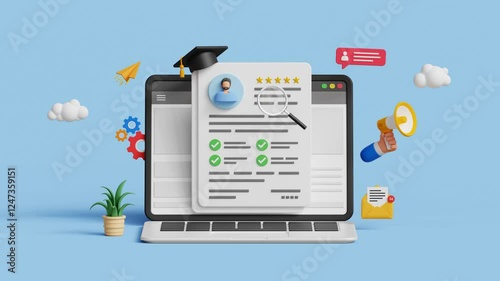 Employee searching and recruitment concept. Human resources, digital hiring process, job vacancy, talent acquisition. A magnifying glass examining a job resume on a laptop. 4K 3D animation