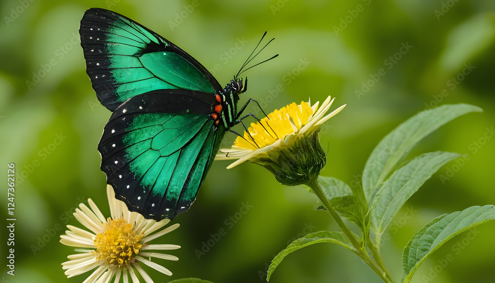 The green butterfly. Stunning green butterfly perched on yellow flower against lush green background in natural habitat The green butterfly. Stunning green butterfly perched on yellow flower against lush green background in natural habitat