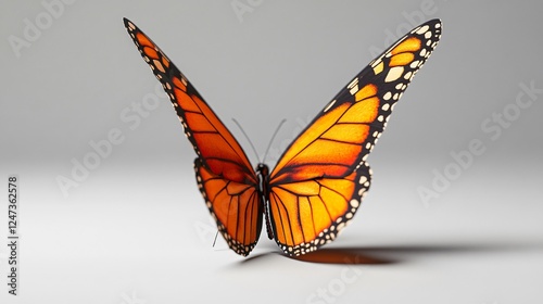 This image presents a stunning monarch butterfly perched on a clean white surface, showcasing its vibrant colors and unique wing patterns in intricate detail. photo