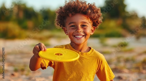 Happy boy playing frisbee outdoors