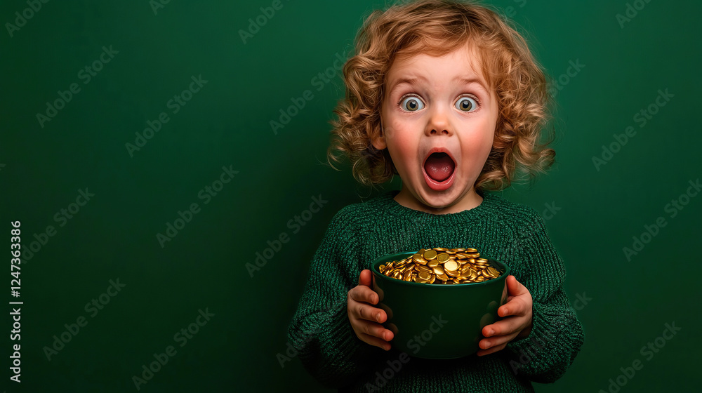 Surprised child holding a pot of gold on a solid dark green background Surprised child holding a pot of gold on a solid dark green background