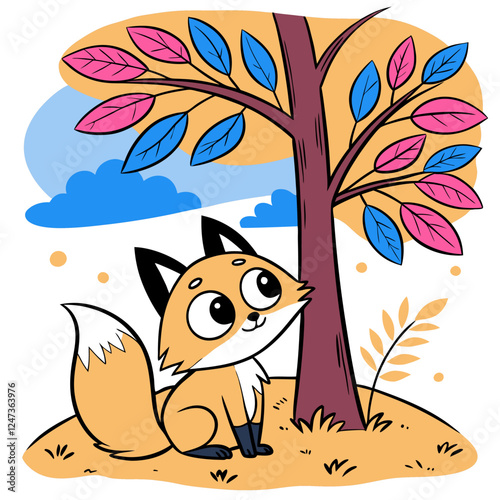 Cute Cartoon Fox Autumn Tree Illustration - Children's Book Style.