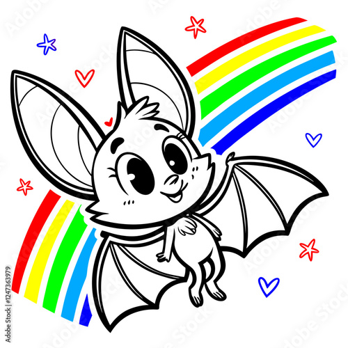 Adorable Cartoon Bat Rainbow Design, Cute Black & White Line Art, Large Print.