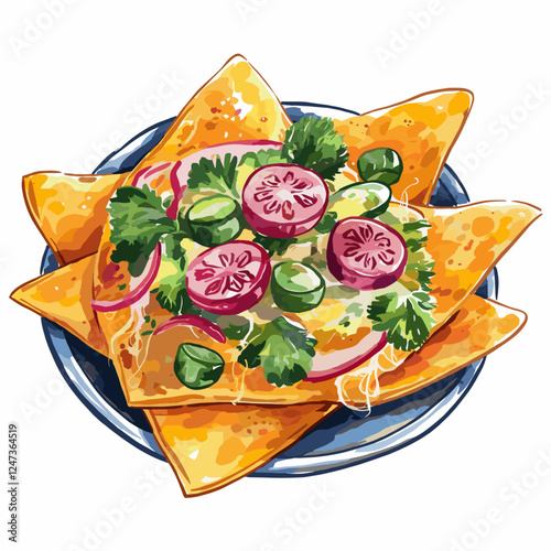 Cheesy Nachos with Fresh Toppings - Hand-Drawn Illustration