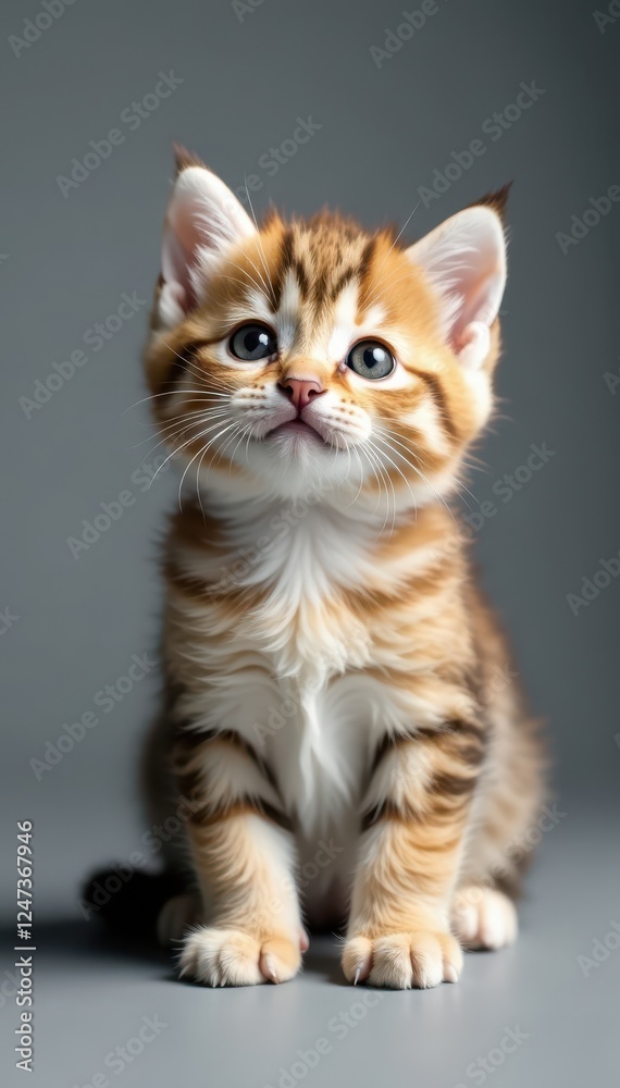 Tiny fluffy kitten, gray background, soft fur, playful, innocent, background