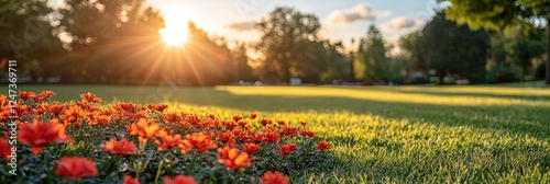 A serene landscape showcasing a vibrant array of blooming red flowers in the foreground, with a golden sunset casting a warm glow over the lush, expansive green park.