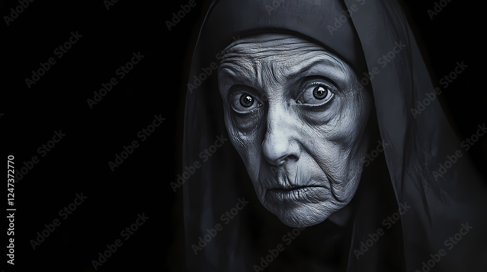 Hateful evil cursed nun staring at the camera isolated on black background, halloween haunted poster backgrounds. Cursed & Haunted Objects. Illustration Hateful evil cursed nun staring at the camera isolated on black background, halloween haunted poster backgrounds. Cursed & Haunted Objects. Illustration