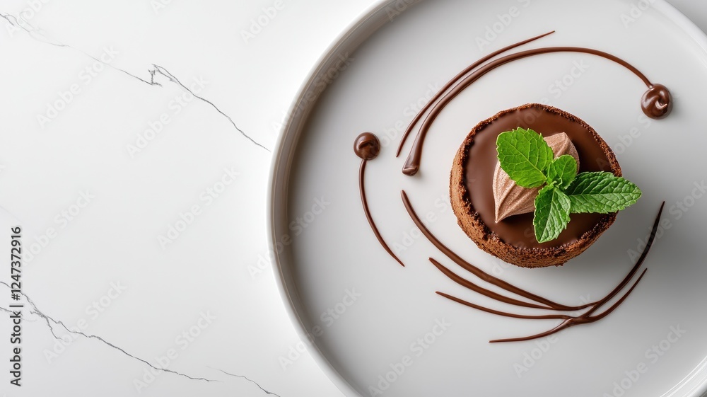 Fototapeta premium Chocolate dessert garnished with mint leaves on elegant plate