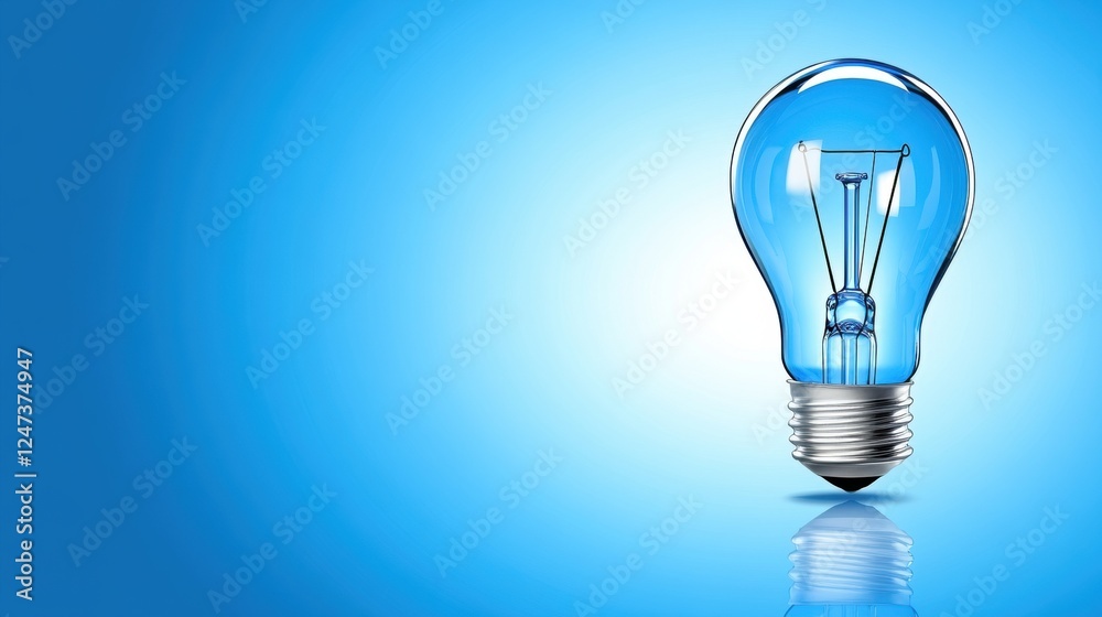 Illuminated Blue Light Bulb Reflecting on Surface Against a Gradient Blue Background Illuminated Blue Light Bulb Reflecting on Surface Against a Gradient Blue Background