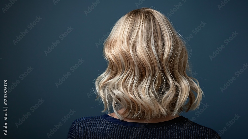 Naklejka premium Back view of blonde woman with medium-length wavy hair, soft curls, natural shine, dark blue background, studio photography, casual and feminine style, radiant and elegant beauty