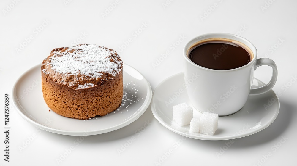 Coffee and cake with sugar cubes on white dishes Coffee and cake with sugar cubes on white dishes