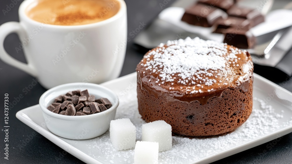 Chocolate dessert with coffee and sugar cubes on plate Chocolate dessert with coffee and sugar cubes on plate