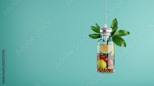 A refreshing beverage infused with fruits and herbs, suspended against a vibrant teal background photo