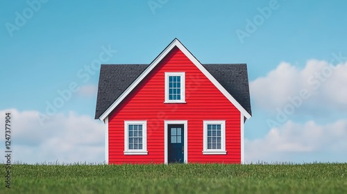 Bright Red House Surrounded by Green Grass Under a Blue Sky with Fluffy Clouds