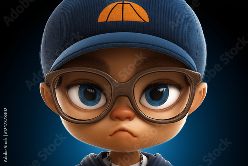 Cartoon-style illustration of a young boy wearing glasses and a cap with a serious expression
