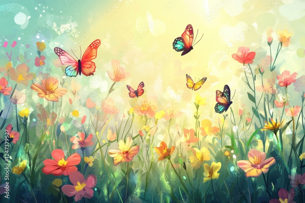 Colorful Butterflies Flutter Above Vibrant Spring Flowers Colorful Butterflies Flutter Above Vibrant Spring Flowers