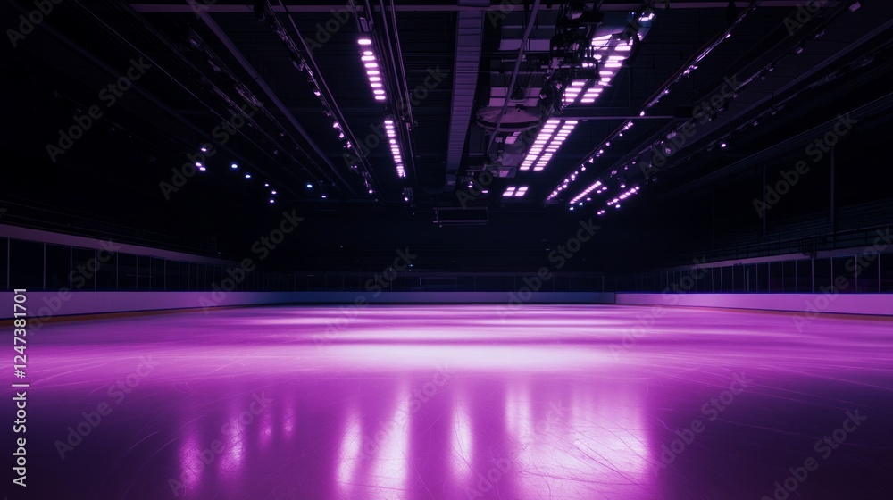 Fototapeta premium Purple glow on empty ice rink with dramatic overhead lighting