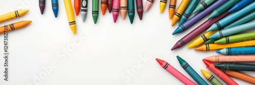Colorful crayons scattered on white background for creative and educational concepts