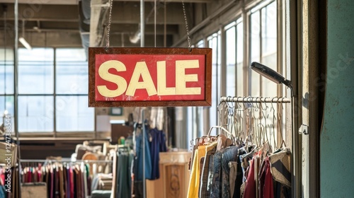 Vintage sale sign hanging in sunlit vintage clothing store interior