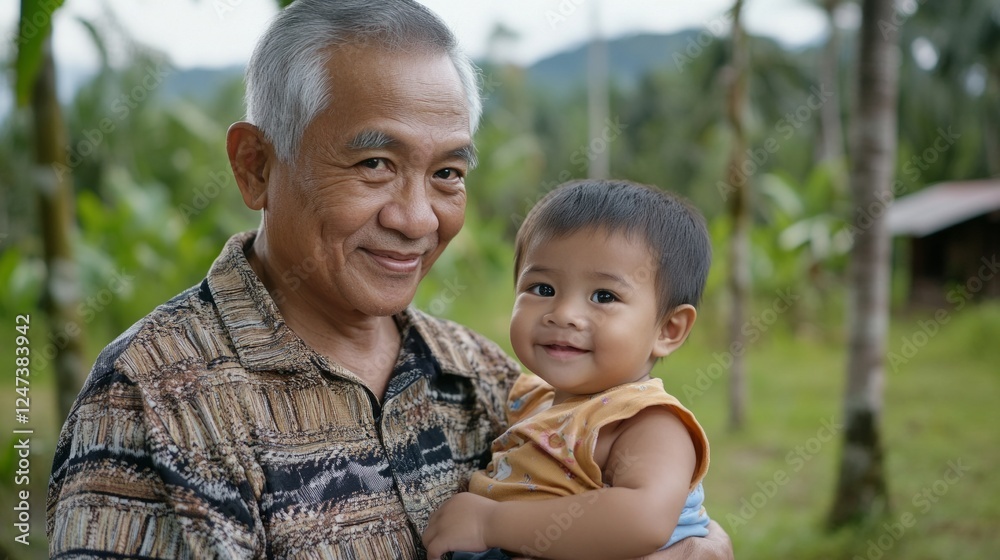 Asian elderly male holding asian child outdoors in tropical setting Asian elderly male holding asian child outdoors in tropical setting