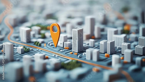 Orange location pin pointing a specific building on a 3d city map with roads, buildings, and trees, symbolizing navigation, gps, and online maps