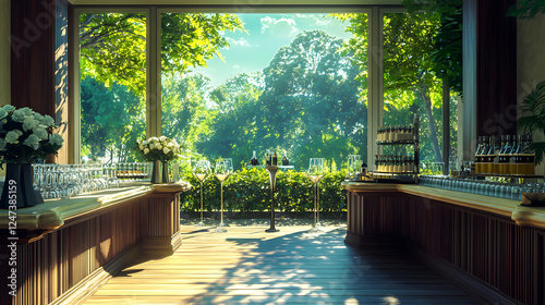 Elegant Outdoor Garden Bar with Refreshing Beverages, Glasses, and Inviting Seating Surrounded by Nature, Flowers, and Sunlight for Luxury Celebrations and Leisure Gatherings