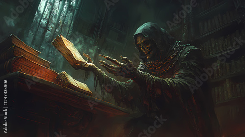 A chilling image of a demon manipulating cursed artifacts in a dark, ancient library. Cursed & Haunted Objects. Illustration