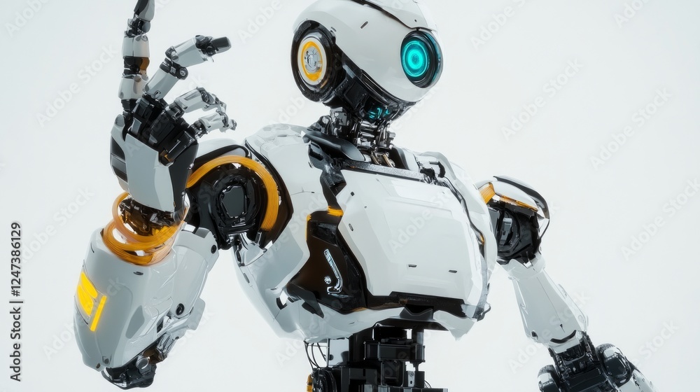 Futuristic white robot with blue eye on neutral background
