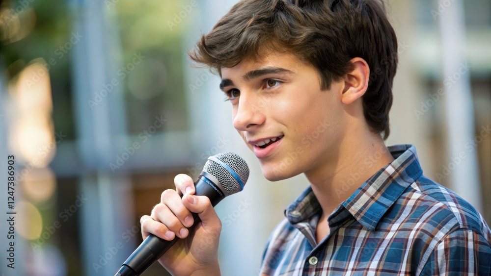 Young Man Delivers Speech on Microphone at Outdoor Event. Generative AI Young Man Delivers Speech on Microphone at Outdoor Event. Generative AI