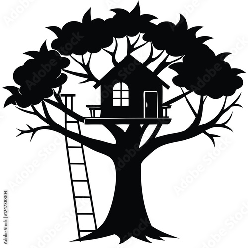 Silhouette of a whimsical treehouse nestled in a lush tree