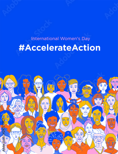 Diverse Women Illustration for International Women's Day Campaign #AccelerateAction. Empowering Women's Portraits: Celebrate Gender Equality with Bold Art. Colorful hand drawn vector Illustration