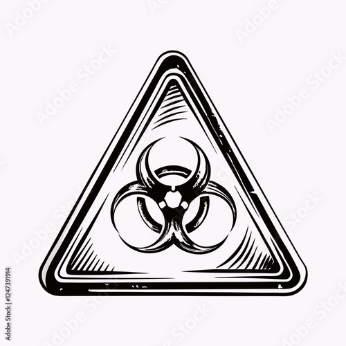 Textured biohazard symbol in triangular warning frame. Woodcut-style etching creates vintage industrial aesthetic. Concept of laboratory safety, biological containment, research facilities.